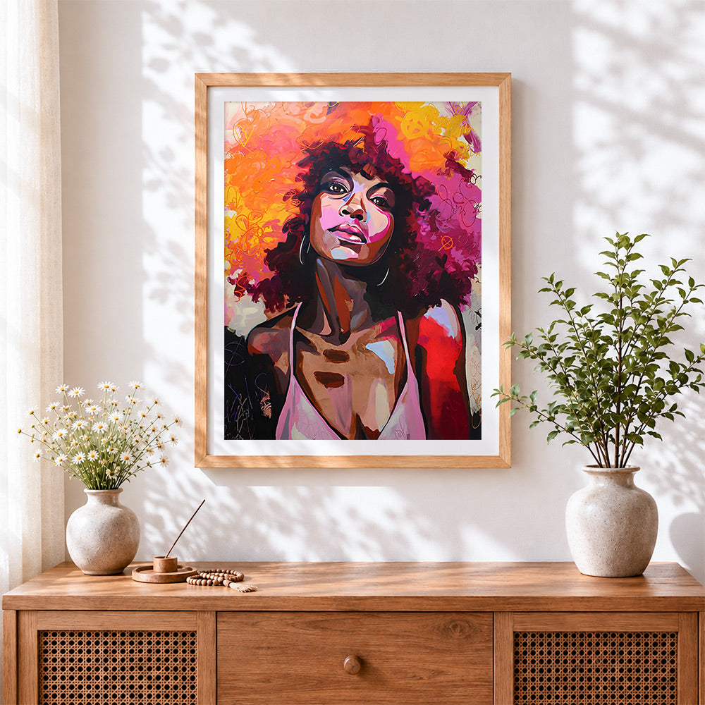 Finished colourful portrait of a woman cross stitch artwork displayed