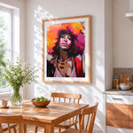 Colourful portrait of a woman cross stitch artwork displayed on wall as home decor
