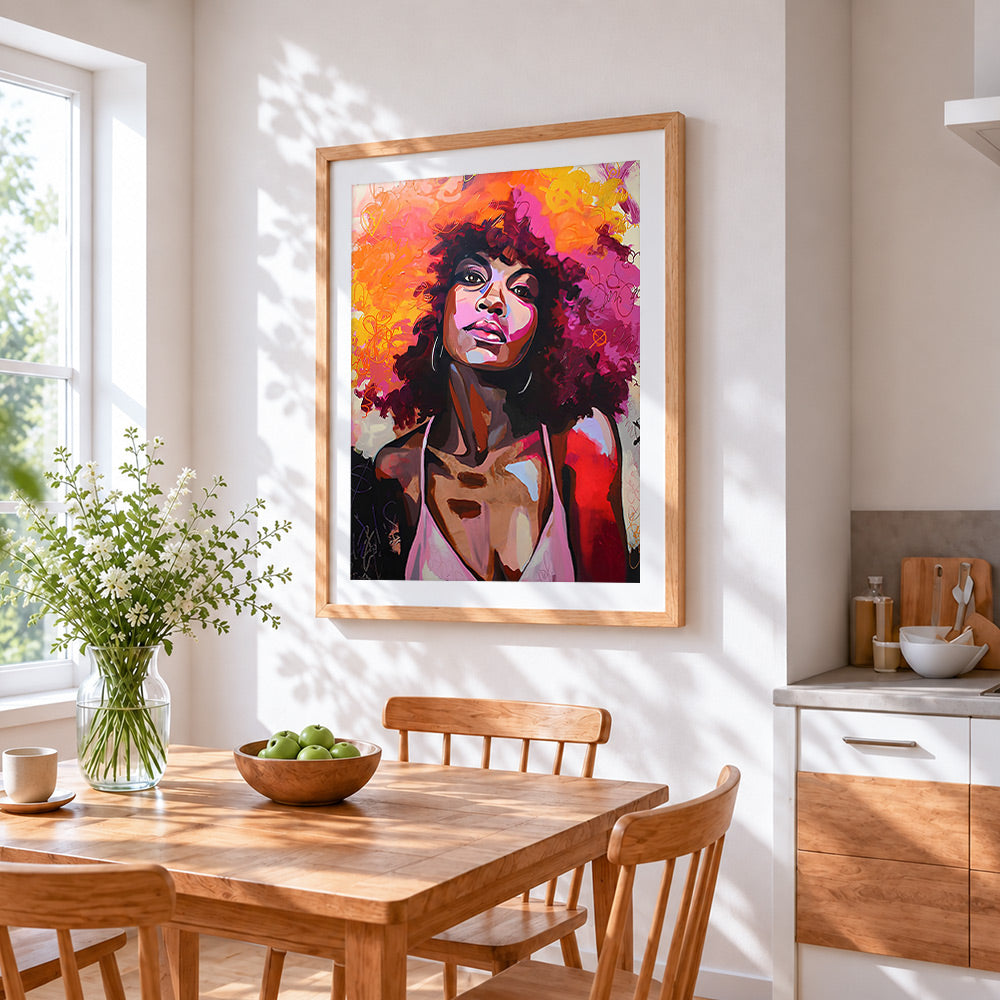 Colourful portrait of a woman cross stitch artwork displayed on wall as home decor