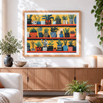 Finished colourful potted cacti and succulents paint by numbers artwork displayed as home decor