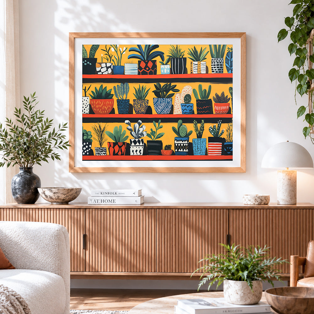 Finished colourful potted cacti and succulents paint by numbers artwork displayed as home decor