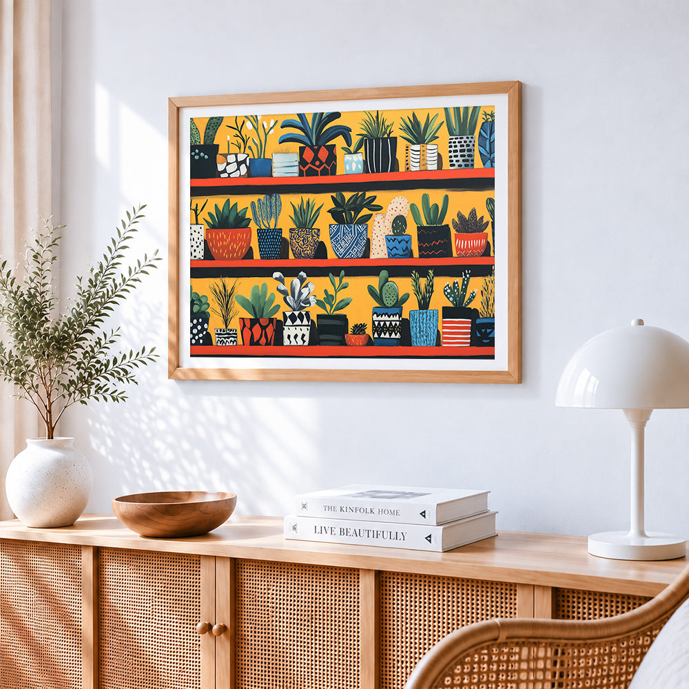 Colourful potted cacti and succulents paint by numbers artwork displayed on wall as home decor