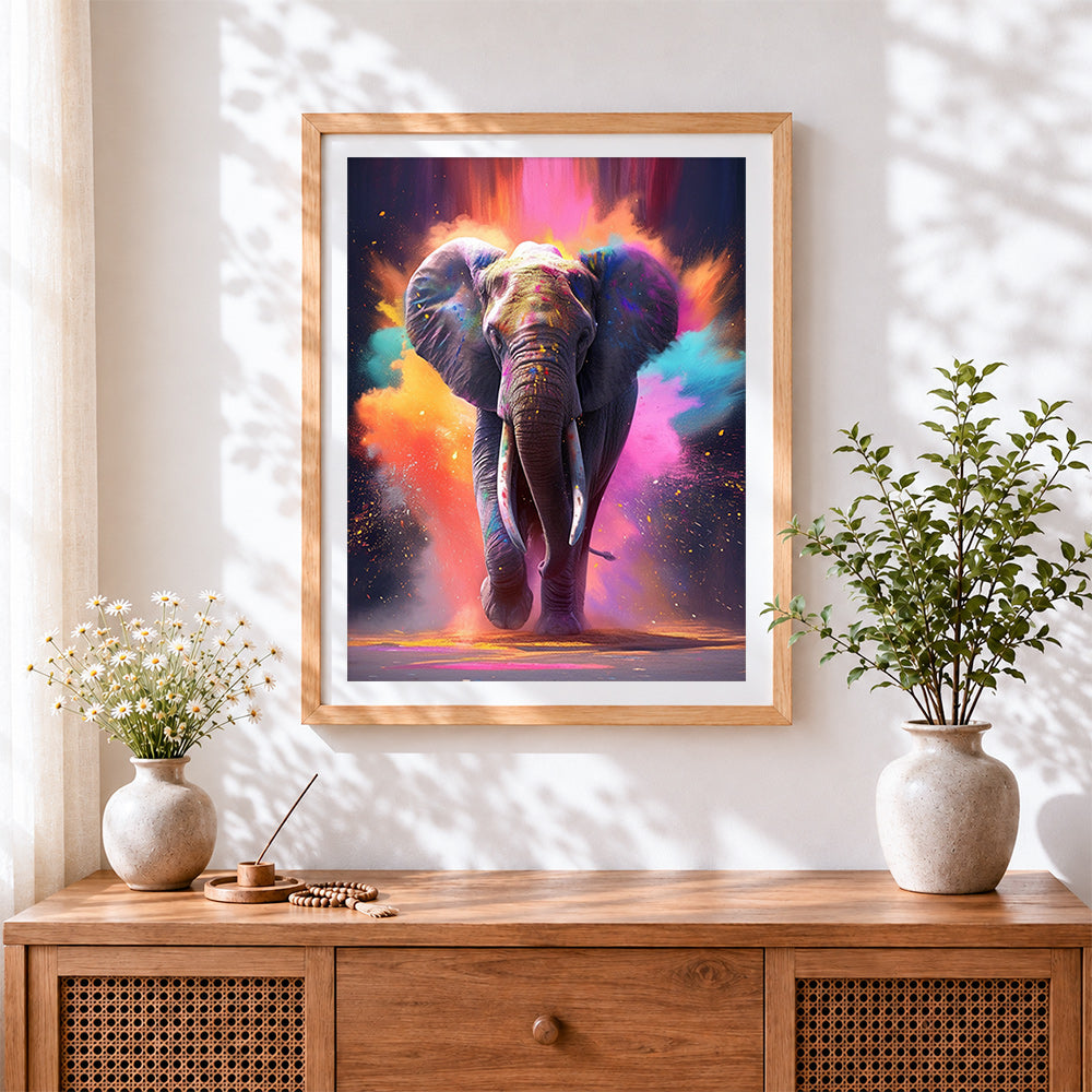 Finished colourful powder elephant cross stitch artwork displayed