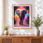 Finished colourful powder elephant cross stitch artwork displayed
