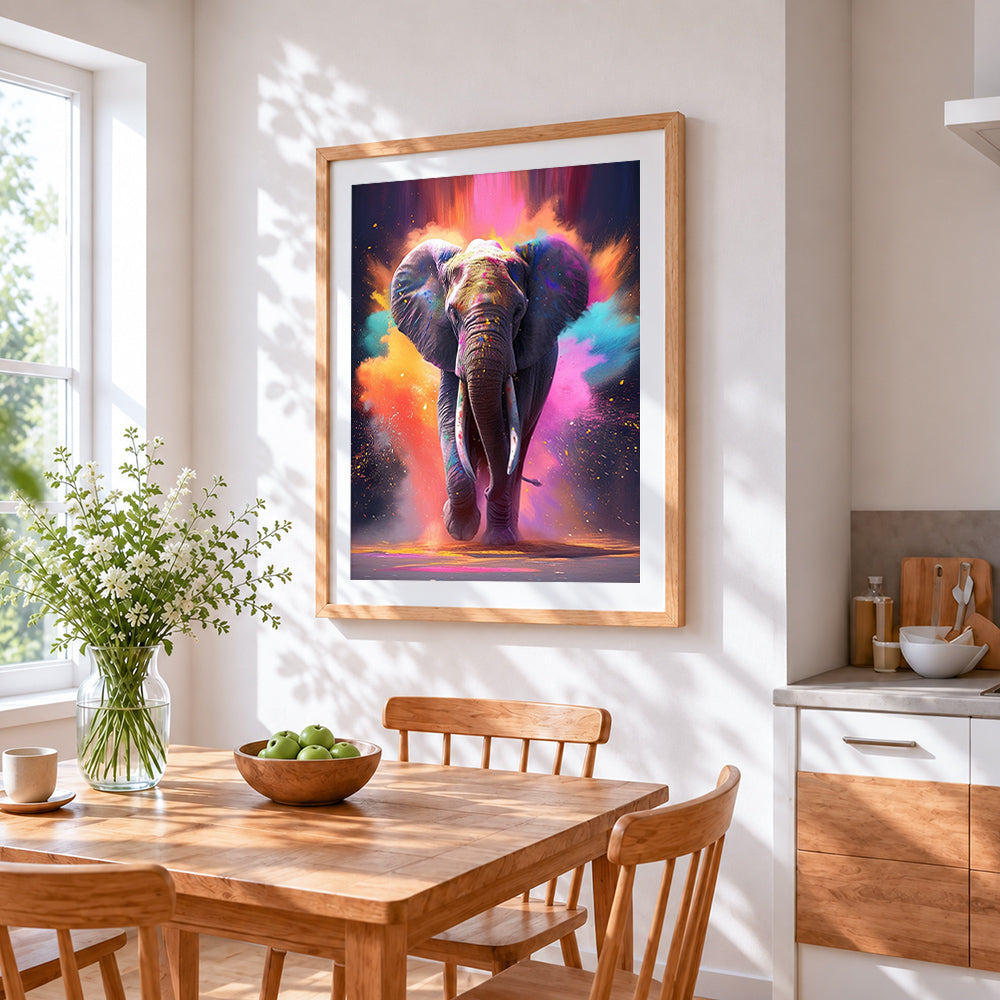 Colourful powder elephant cross stitch artwork displayed on wall as home decor