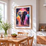 Colourful powder elephant paint by numbers artwork displayed on wall as home decor