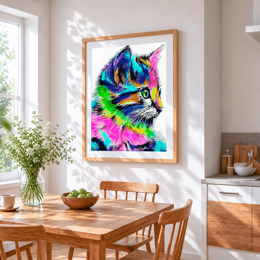 Colourful rainbow cat cross stitch artwork displayed on wall as home decor