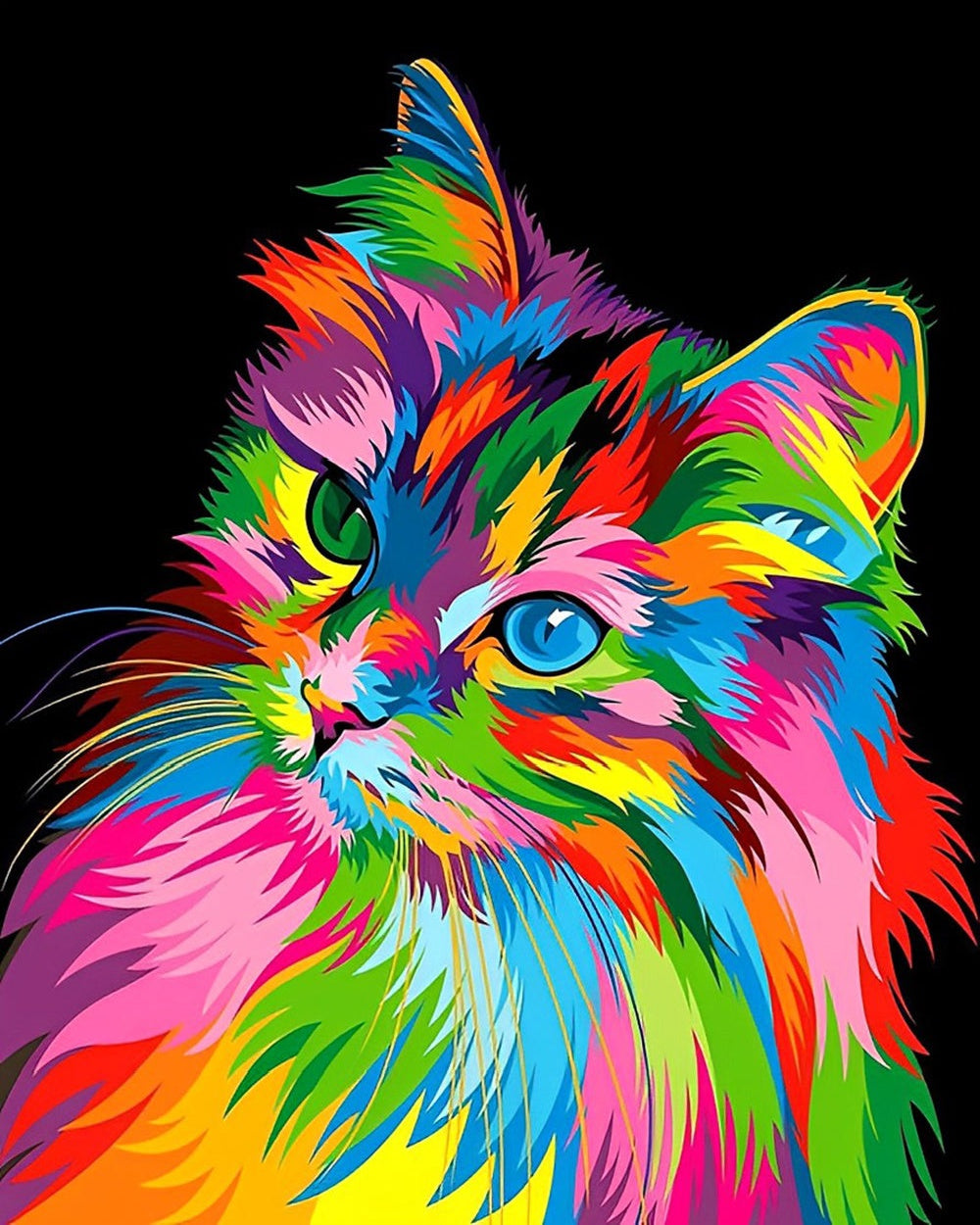Colourful rainbow cat in the dark cross stitch kit for beginners