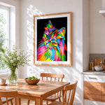 Colourful rainbow cat in the dark cross stitch artwork displayed on wall as home decor