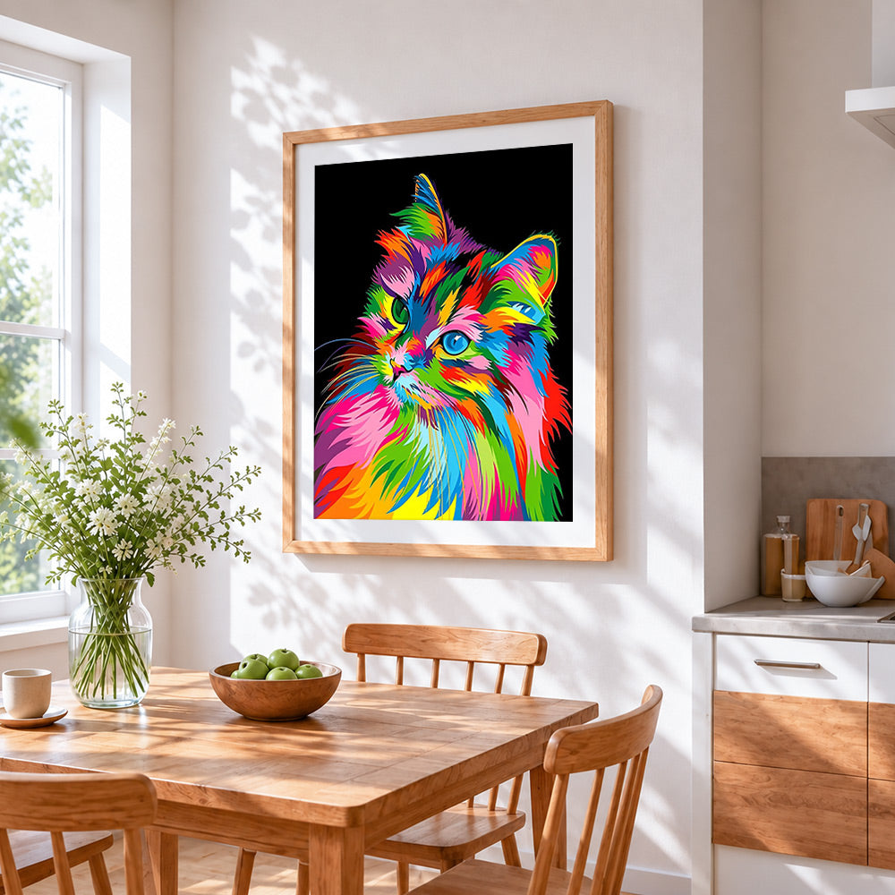 Colourful rainbow cat in the dark cross stitch artwork displayed on wall as home decor
