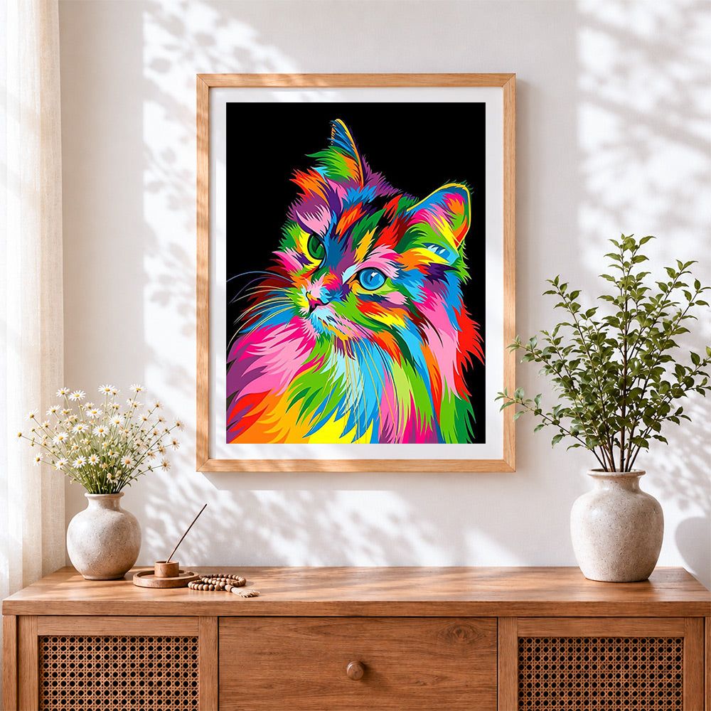 Finished colourful rainbow cat in the dark paint by numbers artwork displayed as home decor
