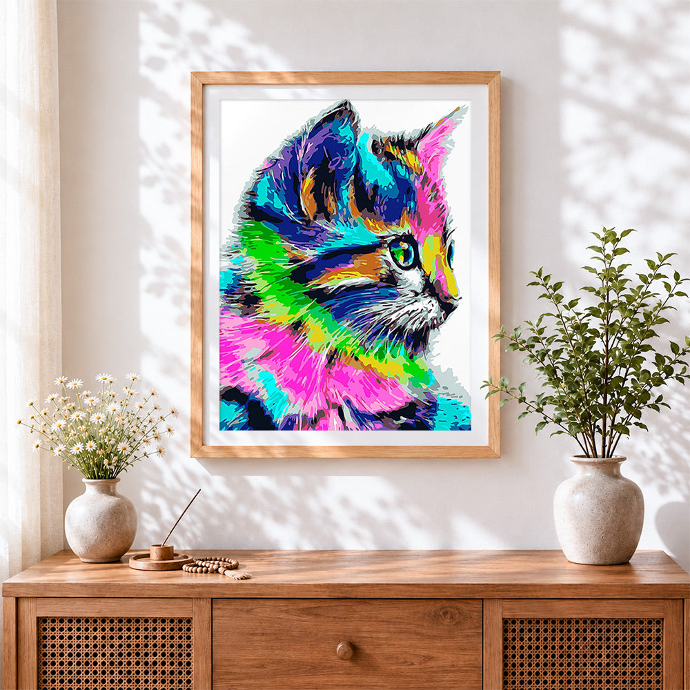 Finished colourful rainbow cat paint by numbers artwork displayed as home decor