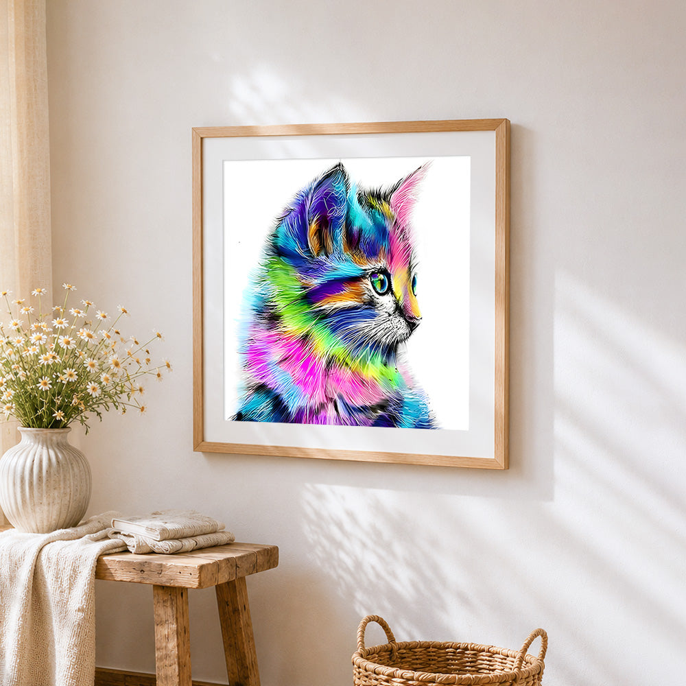 Colourful rainbow cat profile cross stitch artwork displayed on wall as home decor