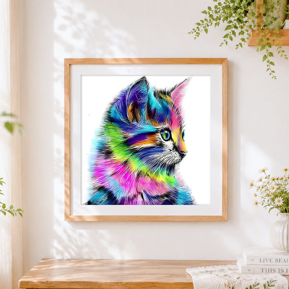 Finished colourful rainbow cat profile paint by numbers artwork displayed as home decor