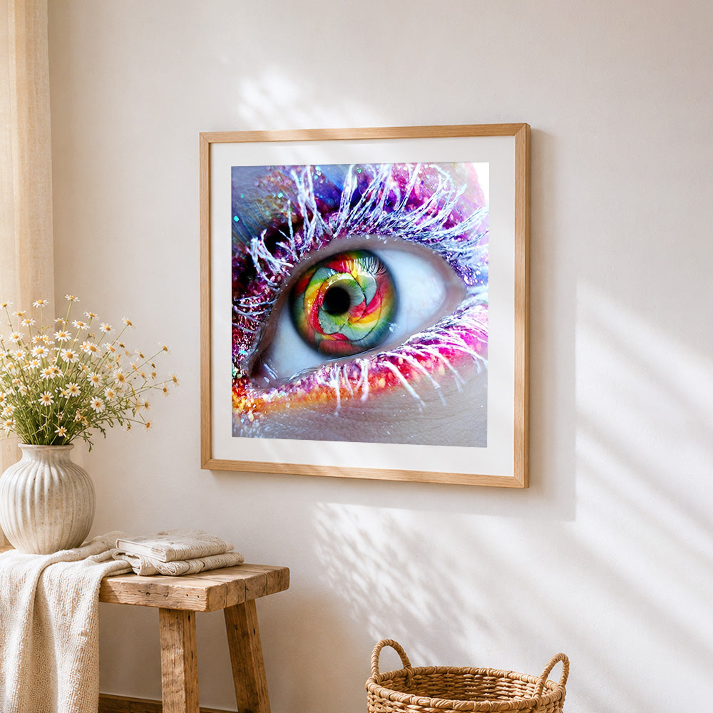 Colourful rainbow eye close up cross stitch artwork displayed on wall as home decor