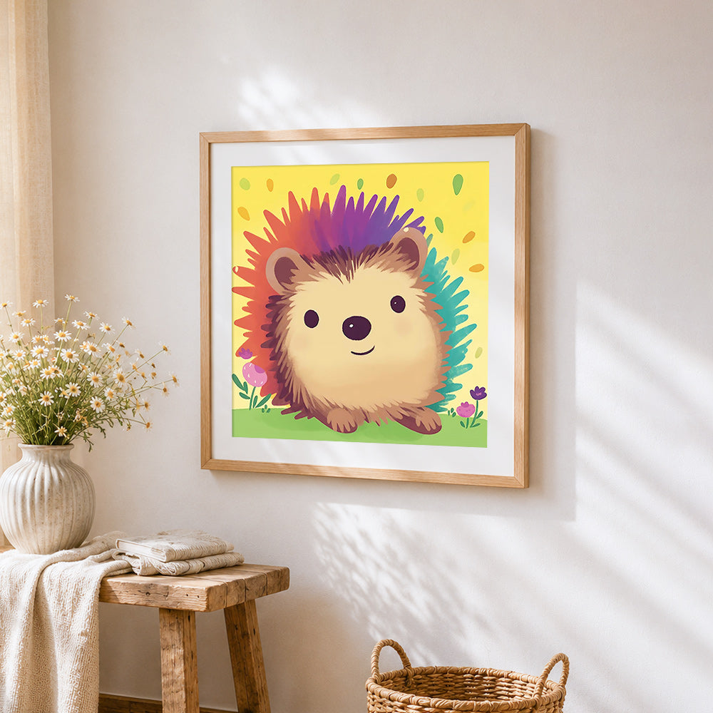 Colourful rainbow hedgehog cross stitch artwork displayed on wall as home decor
