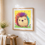Colourful rainbow hedgehog cross stitch artwork displayed on wall as home decor