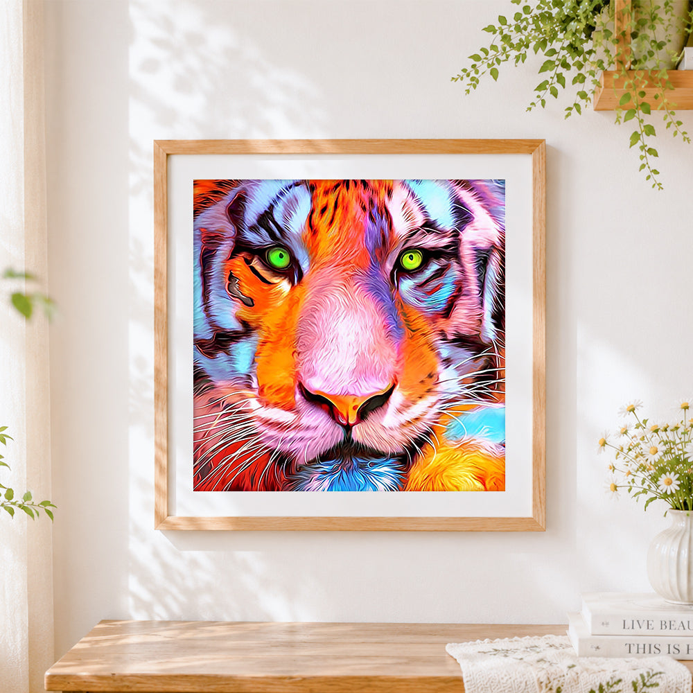 Finished colourful rainbow tiger portrait cross stitch artwork displayed