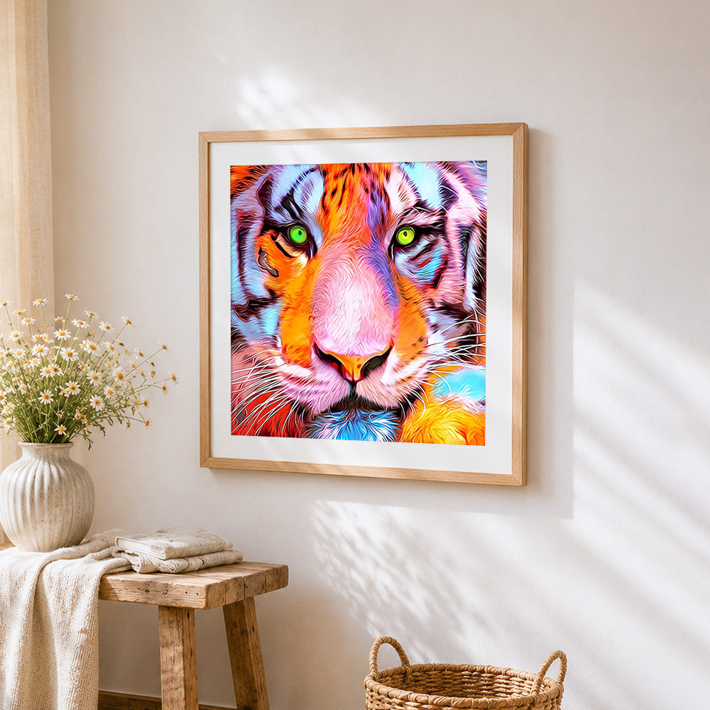 Colourful rainbow tiger portrait cross stitch artwork displayed on wall as home decor