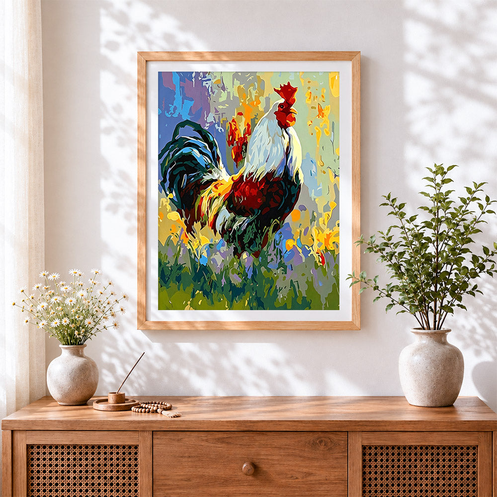 Finished colourful rooster cross stitch artwork displayed
