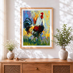 Finished colourful rooster cross stitch artwork displayed
