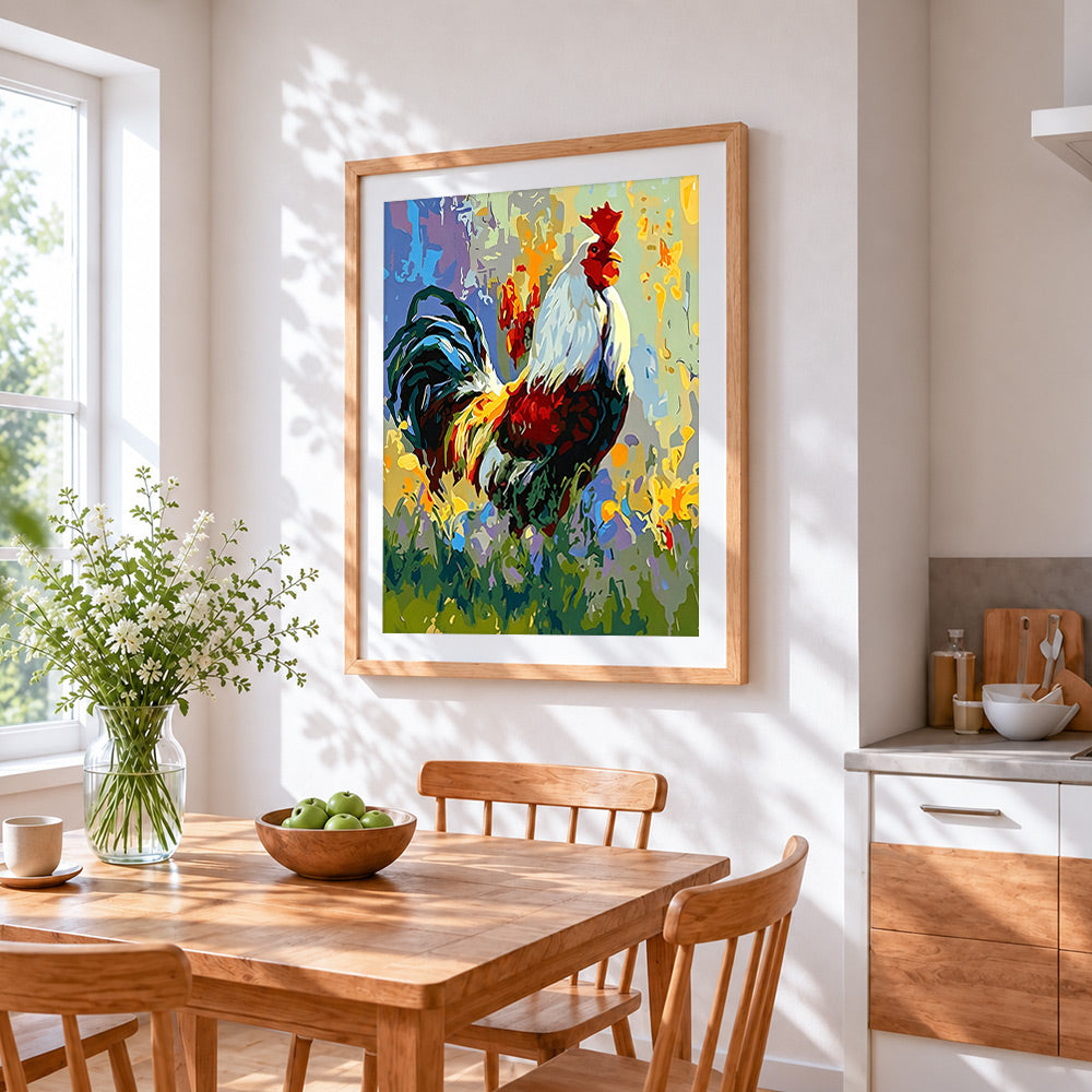 Colourful rooster cross stitch artwork displayed on wall as home decor