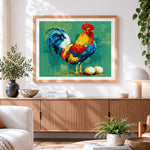 Finished colourful rooster with eggs cross stitch artwork displayed