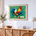 Colourful rooster with eggs cross stitch artwork displayed on wall as home decor