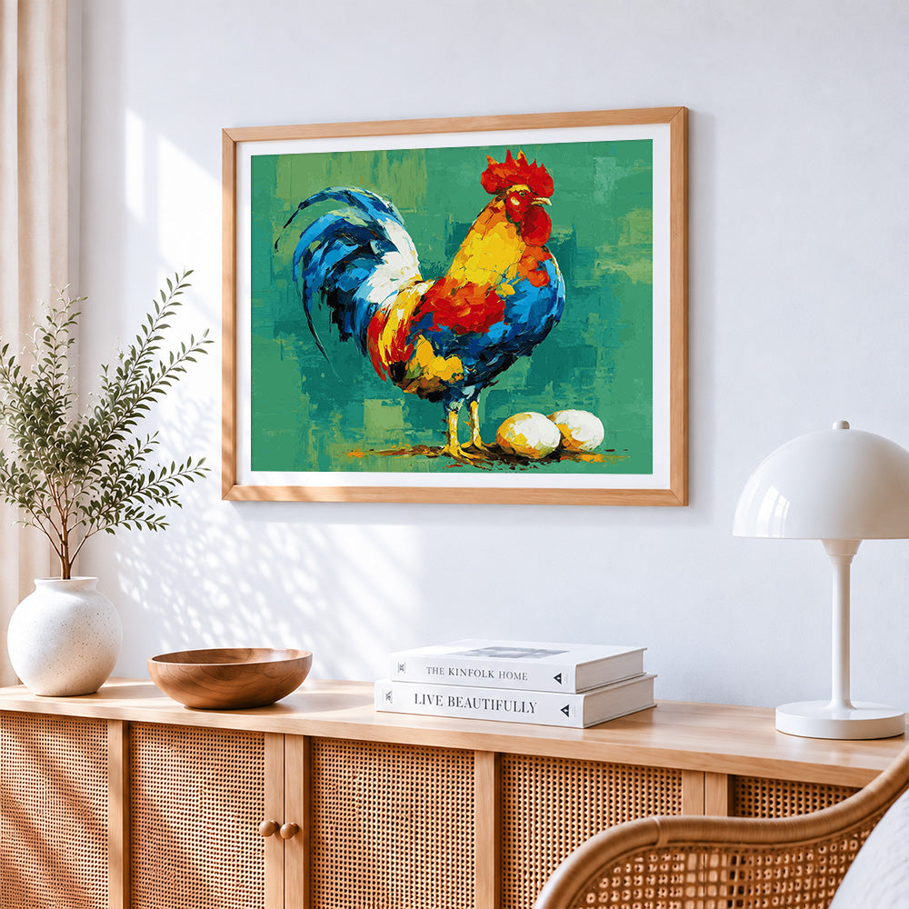 Colourful rooster with eggs cross stitch artwork displayed on wall as home decor