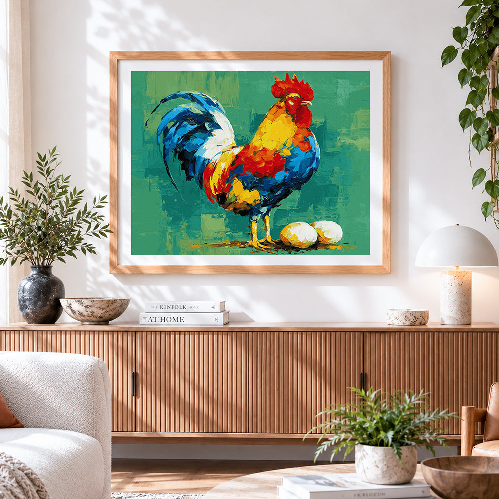 Finished colourful rooster with eggs paint by numbers artwork displayed as home decor
