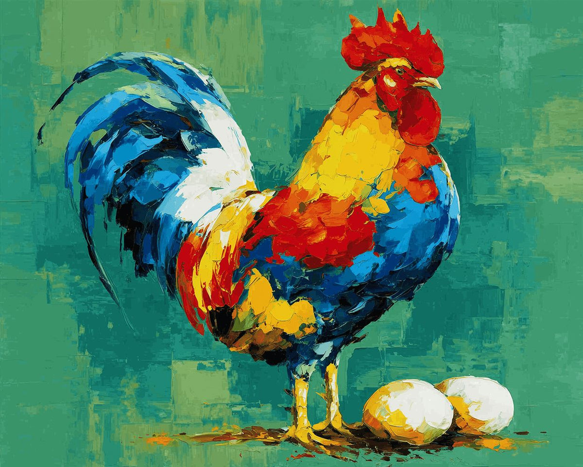 Colourful rooster with eggs paint by numbers kit for beginners