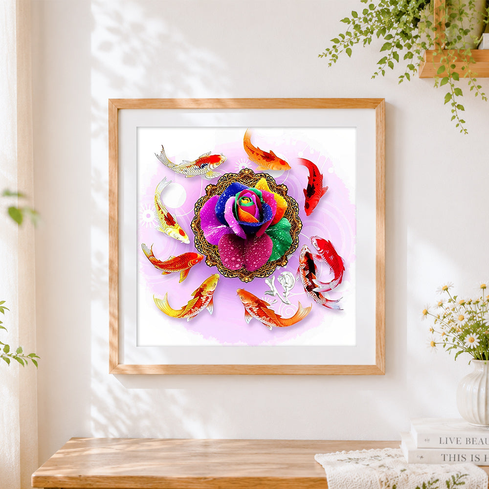 Finished colourful rose and koi fish cross stitch artwork displayed