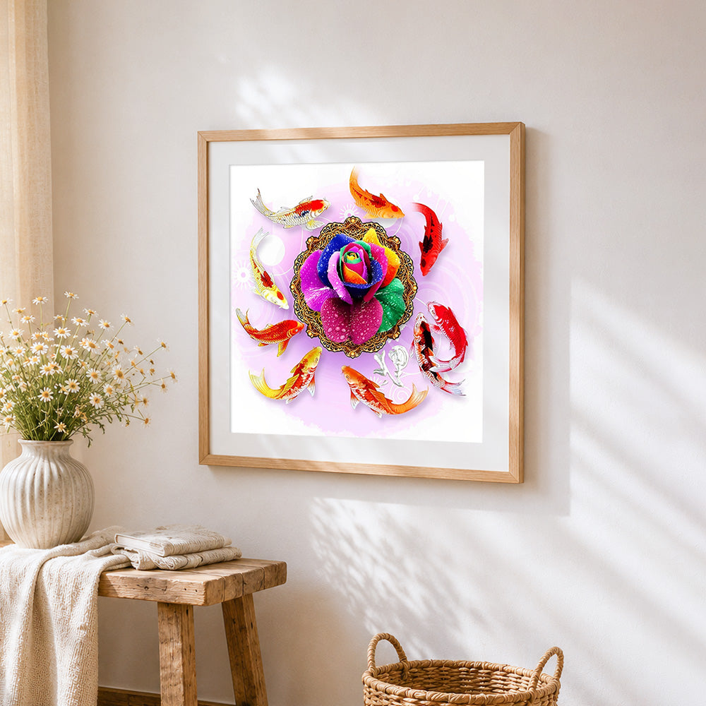 Colourful rose and koi fish cross stitch artwork displayed on wall as home decor