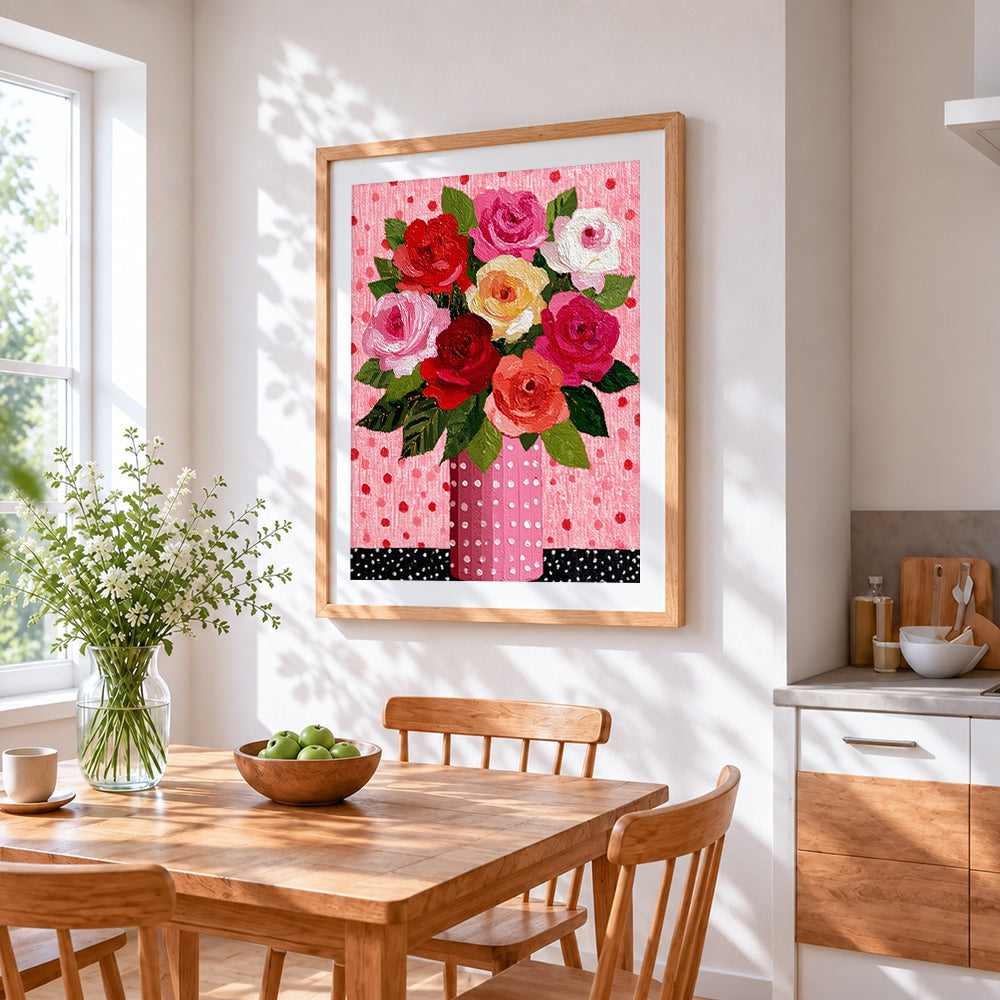 Colourful roses in a polka dot vase cross stitch artwork displayed on wall as home decor