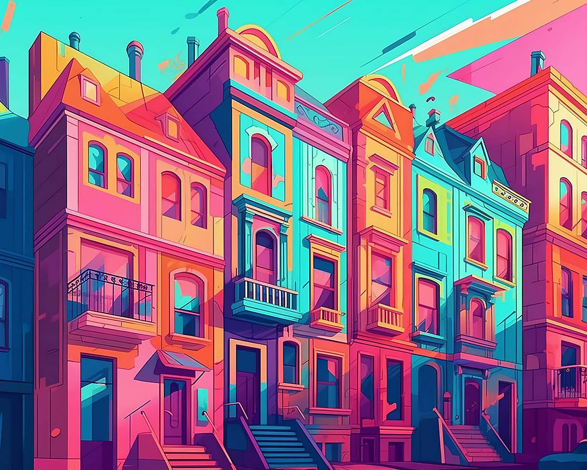 Colourful row houses cross stitch kit for beginners