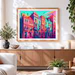 Finished colourful row houses paint by numbers artwork displayed as home decor