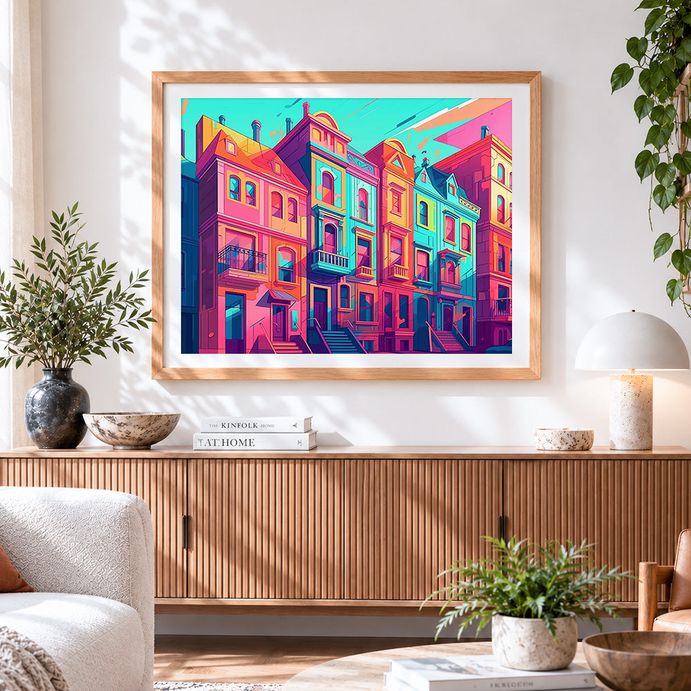 Finished colourful row houses paint by numbers artwork displayed as home decor