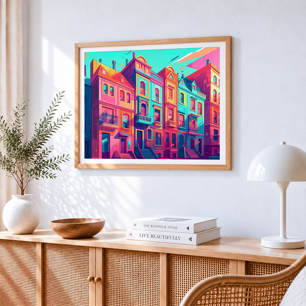 Colourful row houses paint by numbers artwork displayed on wall as home decor