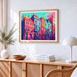 Colourful row houses paint by numbers artwork displayed on wall as home decor