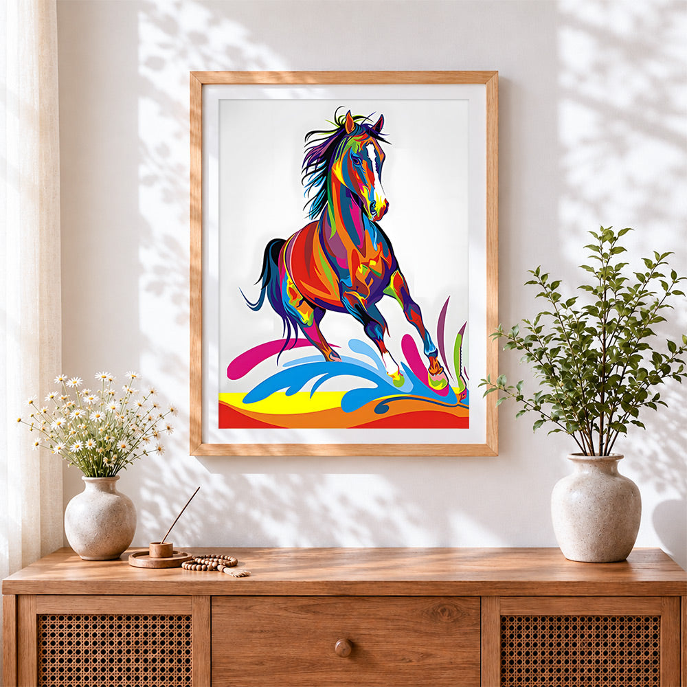 Finished colourful running horse cross stitch artwork displayed