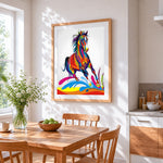Colourful running horse cross stitch artwork displayed on wall as home decor