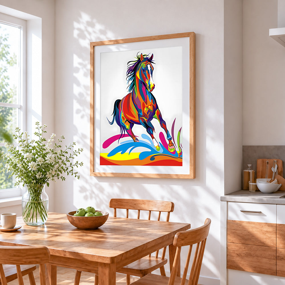 Colourful running horse cross stitch artwork displayed on wall as home decor
