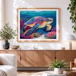 Finished colourful sea turtle and vibrant coral reef paint by numbers artwork displayed as home decor