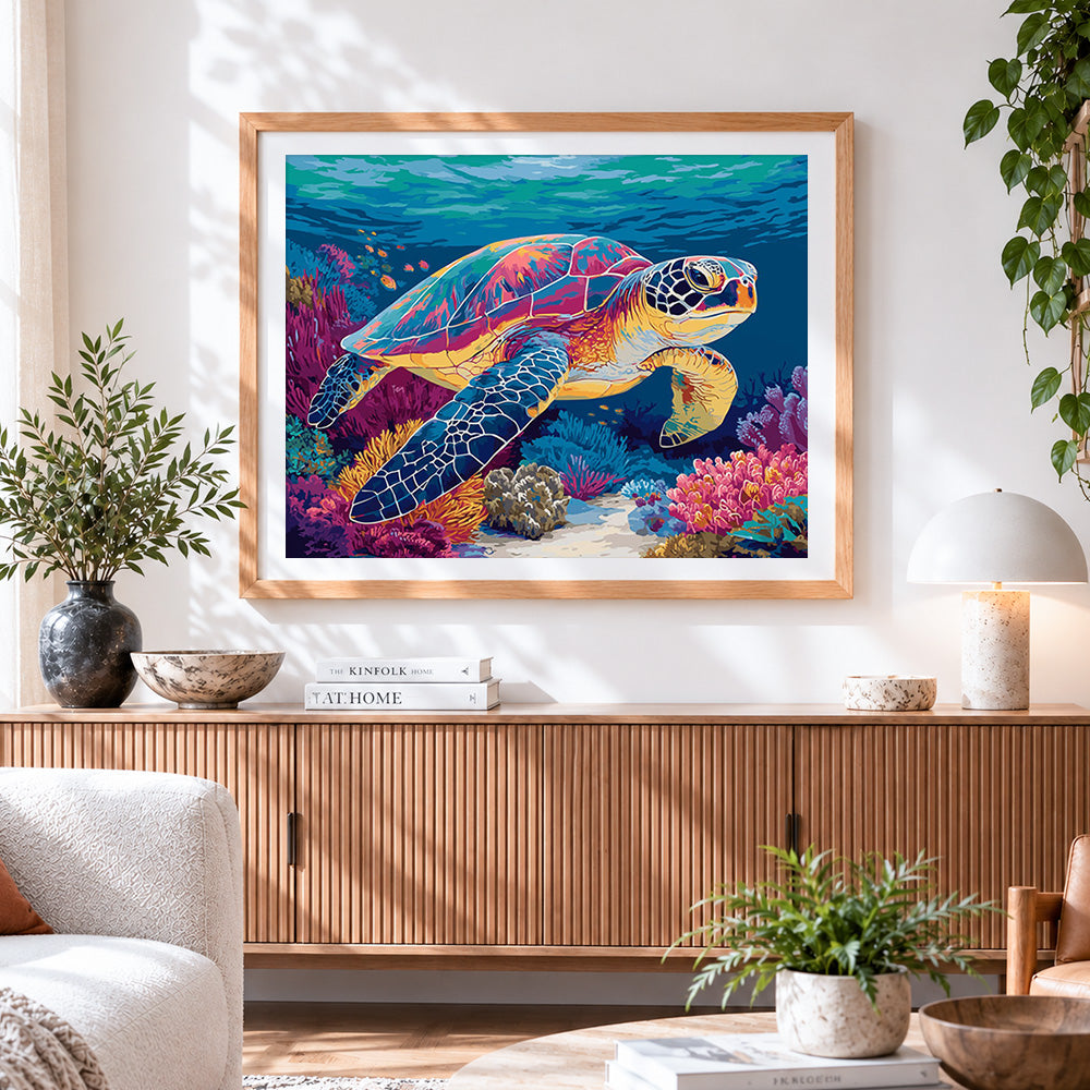 Finished colourful sea turtle and vibrant coral reef paint by numbers artwork displayed as home decor