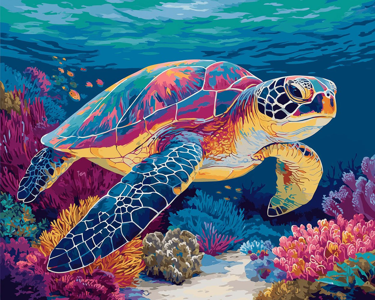 Colourful sea turtle and vibrant coral reef paint by numbers kit for beginners