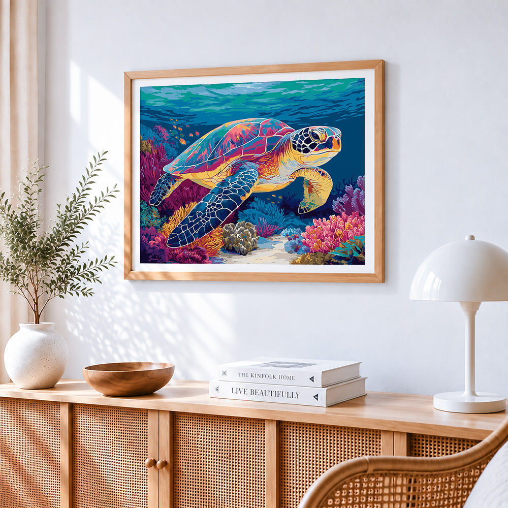 Colourful sea turtle and vibrant coral reef paint by numbers artwork displayed on wall as home decor