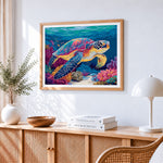 Colourful sea turtle and vibrant coral reef paint by numbers artwork displayed on wall as home decor