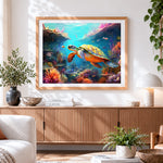 Finished colourful sea turtle in a vibrant coral reef cross stitch artwork displayed