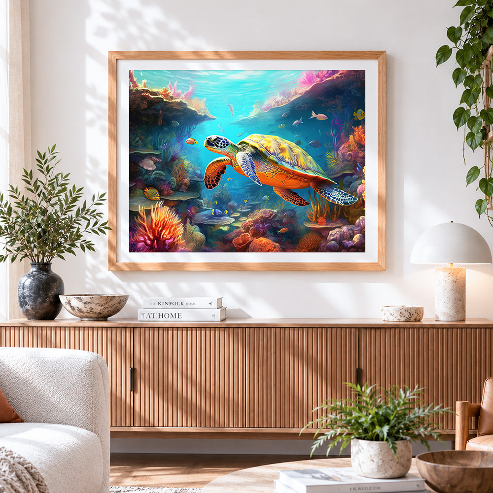 Finished colourful sea turtle in a vibrant coral reef cross stitch artwork displayed
