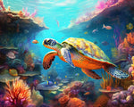 Colourful sea turtle in a vibrant coral reef cross stitch kit for beginners